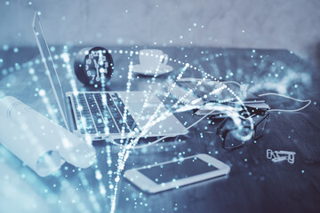 Desktop computer background and DNA drawing. Double exposure. Science concept.