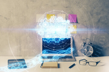 Multi exposure of table with computer on background and data theme drawing. Concept of innovation.