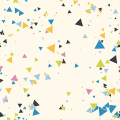 Abstract Memphis seamless pattern with colorful chaotic small triangles. Infinity triangular messy geometric pattern. Colorful Terrazzo tile. Vector illustration.