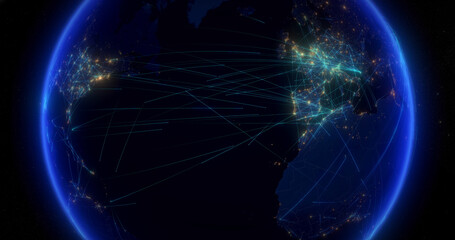 Global Communications Through the Network of Connections From Europe to America. The Concept of the Internet, Social Media, Travelling, Logistics. City Lights at Night. 3D Illustration.