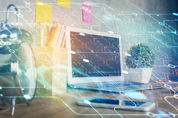 Multi exposure of desktop with computer on background and tech theme drawing. Concept of big data.