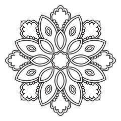 Black outline flower mandala. Doodle round decorative element for coloring book isolated on white background. Floral geometric circle. Vector illustration.