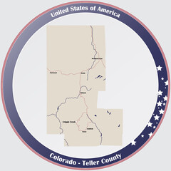 Round button with detailed map of Teller County in Colorado, USA.
