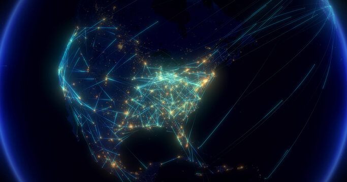 Global Communications Through the Network of Connections In North America. The Concept of the Internet, Social Media, Travelling, Logistics.