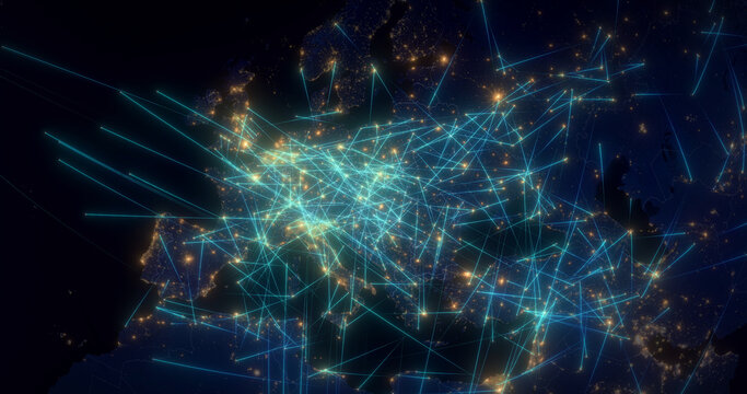 Global Communications Through the Network of Connections In Europe. The Concept of the Internet, Social Media, Travelling, Logistics.