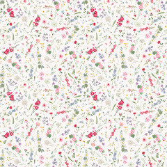 Beautiful seamless floral pattern with watercolor summer flowers. Stock illustration.