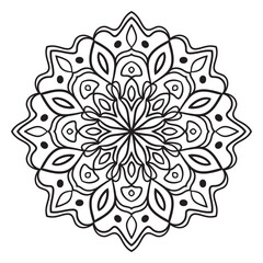 Black outline flower mandala. Doodle round decorative element for coloring book isolated on white background. Floral geometric circle. Vector illustration.