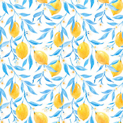 Beautiful seamless pattern with hand drawn watercolor lemons and blue leaves. Stock illustration.