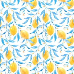 Foto op Plexiglas Aquarel natuur Mooi naadloos patroon met handgetekende aquarel citroenen en blauwe bladeren. Voorraad illustratie.