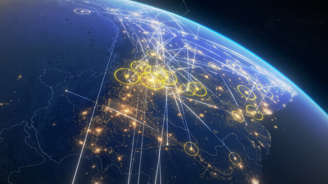Global communication through a network of connections in Europe and around the world. Concept of internet, social media, travelling.