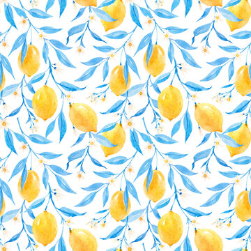 Beautiful seamless pattern with hand drawn watercolor lemons and blue leaves. Stock illustration.
