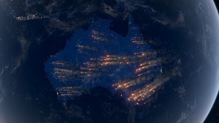 Bushfires in Australia. Satellite Night View Shows Many of Wildfires Burning in the Australian Outback and Rainforests. Smoke Covering Much of the Continent. 3D Illustration.
