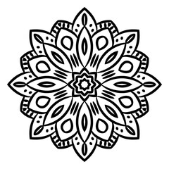 Black outline flower mandala. Doodle round decorative element for coloring book isolated on white background. Floral geometric circle. Vector illustration.