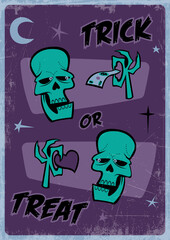 Happy Halloween Mid Century Modern Postcard stylization, Trick or Treat, Dead Heads, Vintage Colors, Grunge Texture Frame 