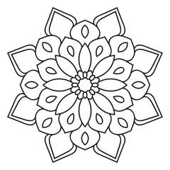 Black outline flower mandala. Doodle round decorative element for coloring book isolated on white background. Floral geometric circle. Vector illustration.