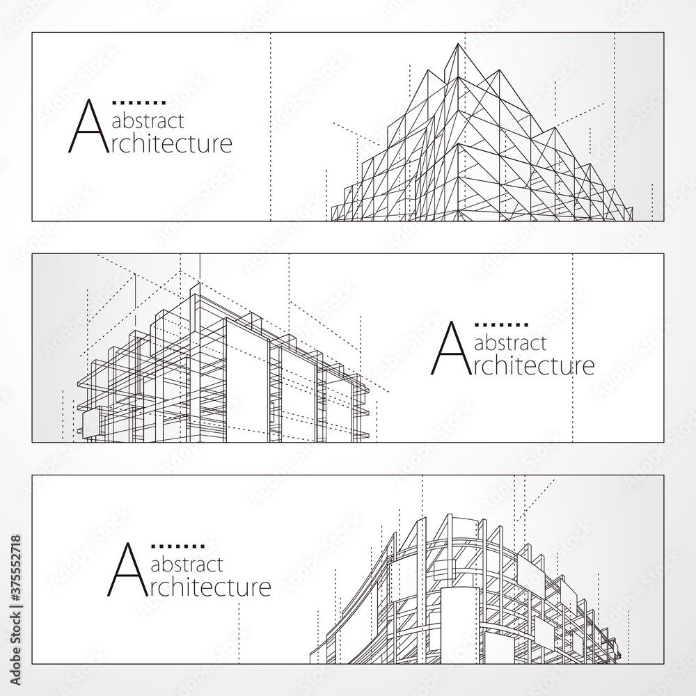 Poster Architecture abstract modern building, Architecture building construction perspective line drawing design banner set.
