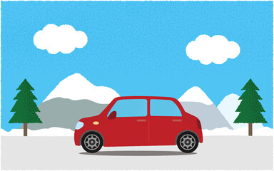 冬、山沿いの道を進む赤い自動車のベクターイラスト