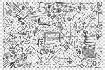 Mathematics doodle set. Collection of hand drawn sketches templates drawing patterns of equation geometric figures and formulae. Back to school and education illustration.