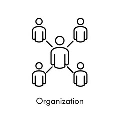 Concepto organización. Trabajo en equipo. Icono lineal grupo de personas alrededor de un líder en color negro