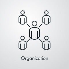 Concepto organización. Trabajo en equipo. Icono lineal grupo de personas alrededor de un líder en fondo gris