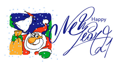 Santa Claus with a fun snowman. Text Happy New Year 2020. Christmas vector illustration for holiday invitations and greeting cards. A Christmas poster, banner, or greeting card template. Cartoon style