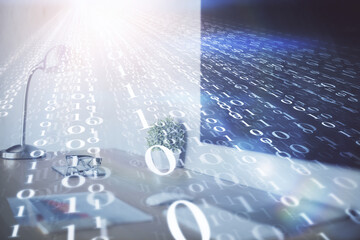 Double exposure of desktop computer and technology theme hologram. Concept of software development.