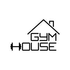Sala de gimnasia en el hogar. Logotipo lineal texto Gym House con tejado de casa en color negro