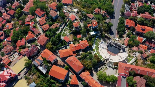 Bulgaria, Plovdiv city panorama, drone shoot from above, antique old part of the town, ancient stadium.