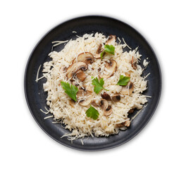 Delicious mushrooms risotto dressed with parmesan cheese and parsley