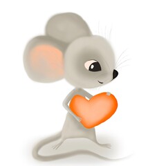 Cute funny cartoon mouse with pink heart on a white background. Illustration in children's style