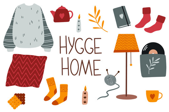 Hygge autumn set. Fall cozy illustrations in flat style for stickers, scrapbooking, logo, patterns, posters, clothing, wrapping paper, invitations and other autumn design. Scandinavian style dodles.
