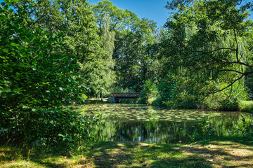 Teich mit Holzbrücke im ehemaligen Schlosspark von Lübbenau