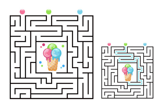 Square maze labyrinth game for kids with icecream. Labyrinth logic conundrum. Three entrance and one right way to go. Vector flat illustration isolated on white background.