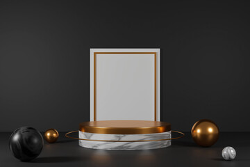 3d render empty marble and copper podium on black background.