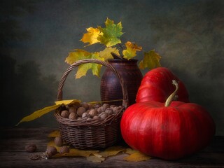 Autumn still life with pumpkin and autumn leaves © Iryna