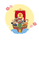 宝船に乗った七福神の年賀状デザイン