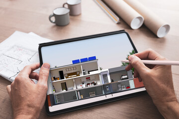 Projet de construction et vue en coupe de l'intérieur d'une belle maison moderne d'architecte avec cave sous-sol étage et garage avec panneaux solaires
