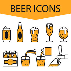 Beer. Set of beer icons. The heady drink in various capacities. Can, bottles, glasses. Pouring beer into a glass. Vector illustration isolated on a white background for design and web.