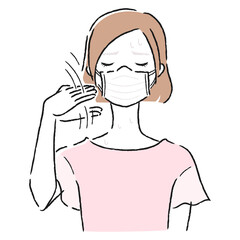 夏にマスクをしてる女性。暑くて手で風を送ってるイラスト。