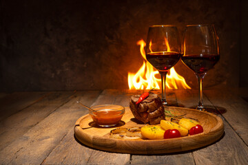 Baked juicy breast with potato, onion and sauce on a wooden plate against the fire background. Two glasses of red wine behind dish.