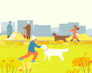 Dogs are walking in the autumn park. Pembroke Corgi with an elderly mistress for a walk. The owner of an Labrador Retriever walks her dog. Flat vector illustration with place for text.