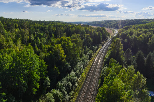 Aerial view of the railway track. The railroad between the hills.