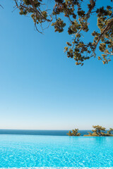 Obraz na płótnie Canvas Blue endless swimming pool with juniper branches in the corner and sea view. Summer holiday recreation concept