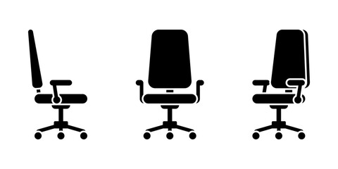 Isolated office chair black and white vector illustration icon pictogram set. Front, side, 3/4 view silhouette on white