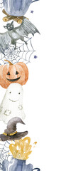 Watercolor seamless pattern of halloween theme: ghost, pumpkins, hat, bat, spiderweb, cauldron, broom, crossbones. Hand-drawn illustration isolated on the white background.