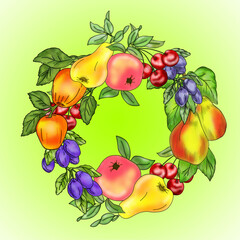 Creative composition with the image of garden flowers and fruits. Wreath. Illustration for printing on fabric or paper. Theme of summer, romance, love, abundance and well-being.