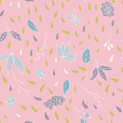 Floral vector seamless pattern with  flowers, leaves and berries. Beautiful hand drawn flowers in  light pastel colors in vintage style.