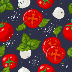 Seamless hand drawn pattern of caprese salad. Vector illustration of ripe red tomatoes, basil, Mozzarella cheese, salt and black pepper. Background for Italian cuisine menu. Ingredients for caprese 