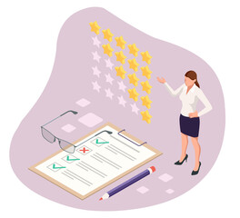 Isometric feedback, review, rating, concept of testimonials messages, notifications, feedback, 5-star rating icon.