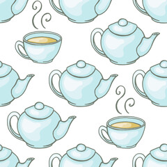 Seamless pattern with teacups and teapots, vector illustration